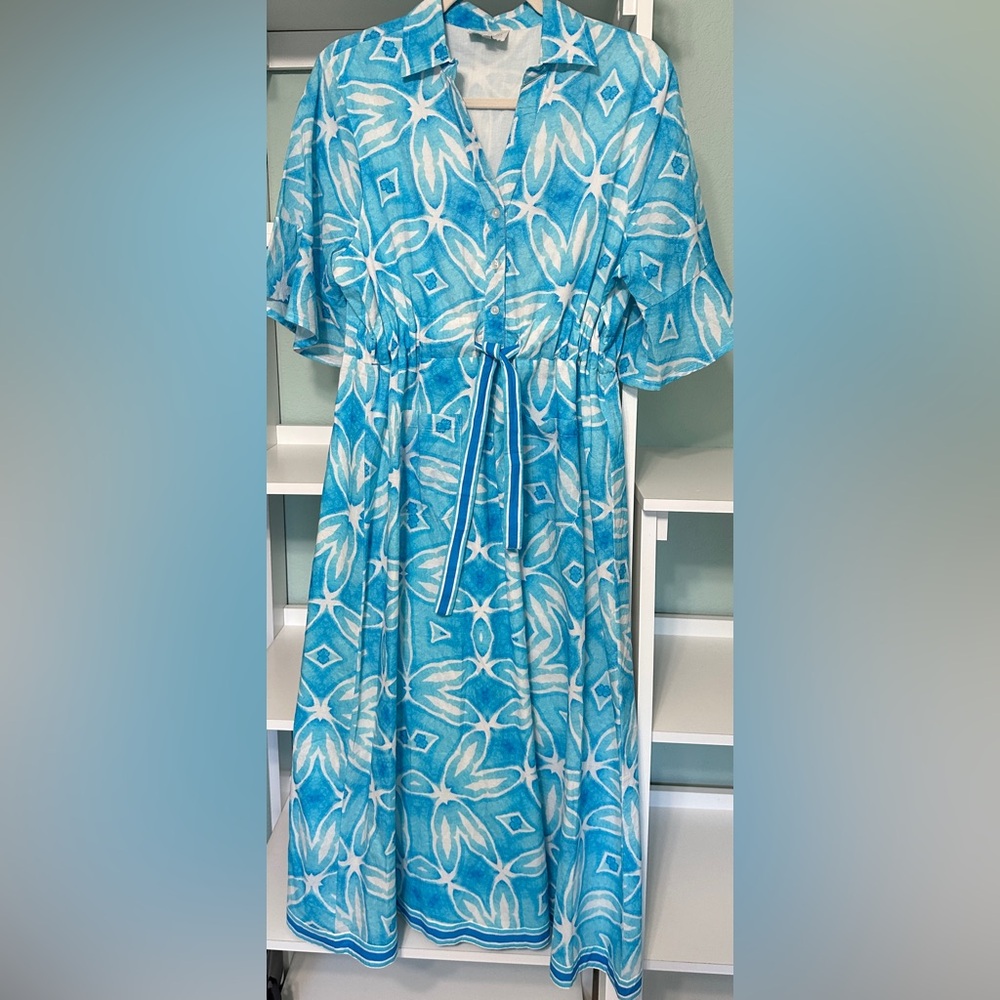 New Never Worn SZ S Islapayal Vibrant Blue Midi Shirt Dress tie waist